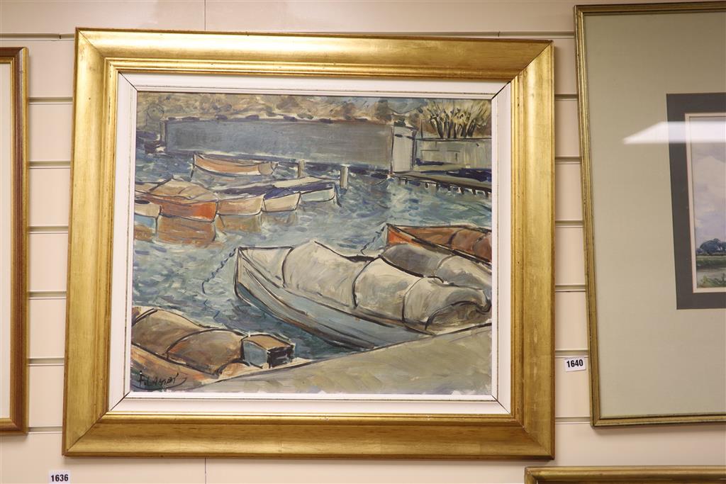 F. Campi, oil on canvas, Boats in harbour, signed, 45 x 54cm